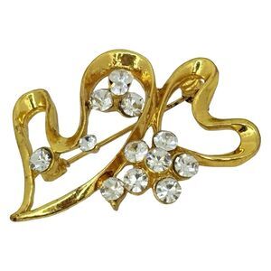 Vintage Gold Tone Double Heart Rhinestone Brooch Pin 1 5/8" Love Valentine